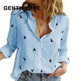 2021 Casual Long Sleeve Birds Print Loose Women Shirts Sizes M - 5XL