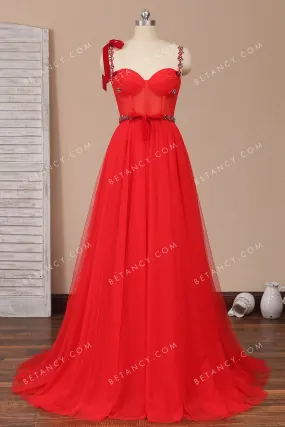 Amazing Red Tulle Beaded Sweetheart Corset Formal Dress