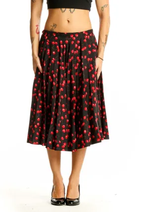 Black and Red Cherry Print Midi Skirt