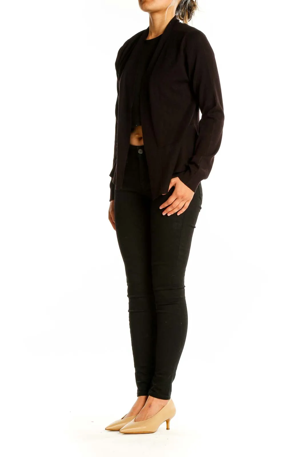 Black Open Front Knit Cardigan