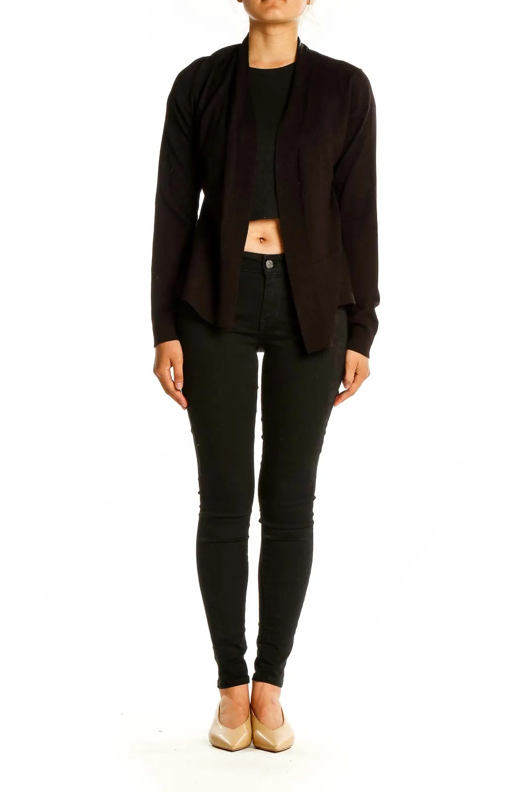 Black Open Front Knit Cardigan