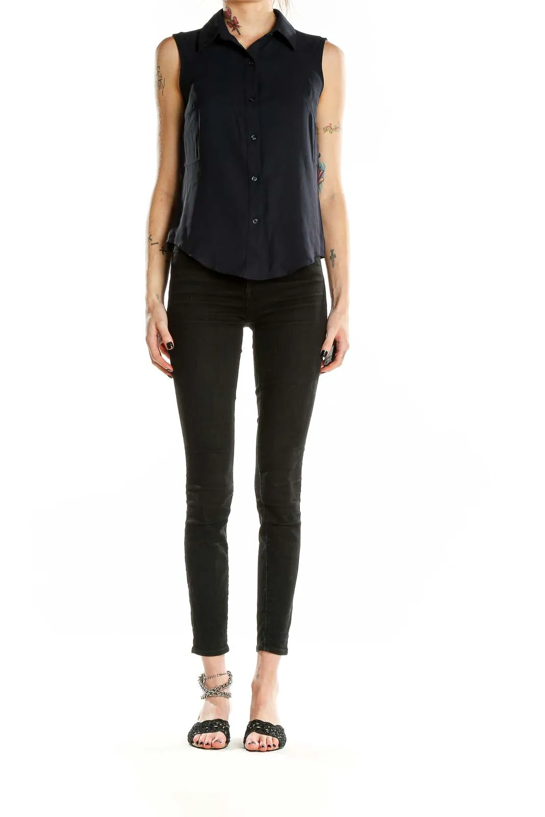 Black Sleeveless Button-Up Blouse