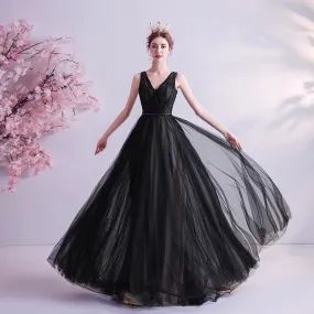 Black V Neck A Line Tulle Prom Dress Evening Formal Party Gown 614