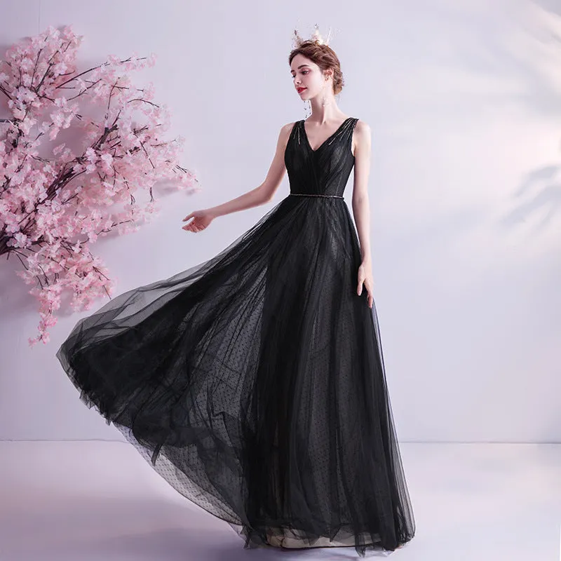 Black V Neck A Line Tulle Prom Dress Evening Formal Party Gown 614