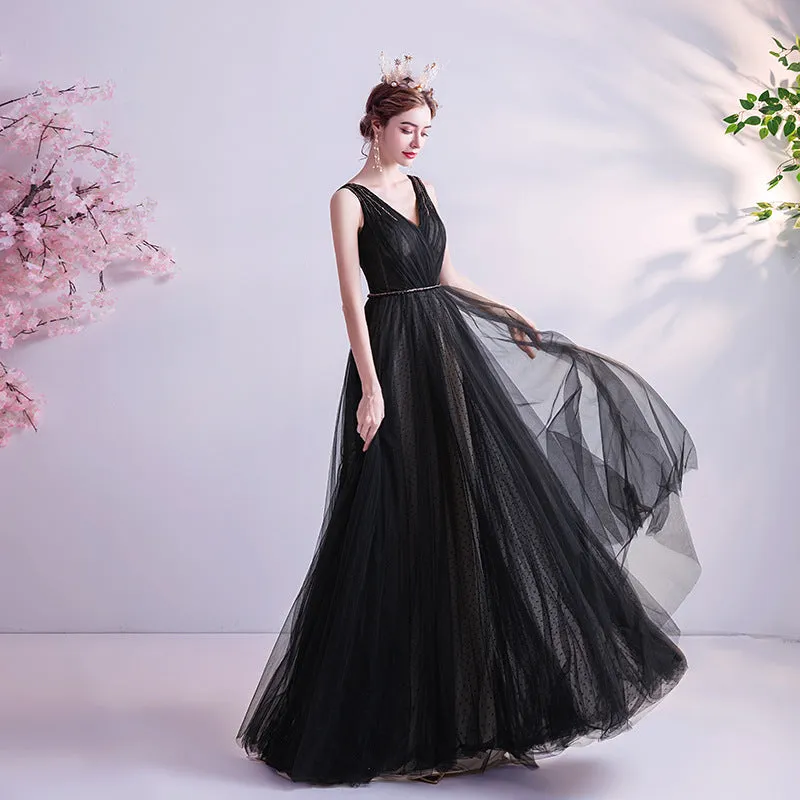 Black V Neck A Line Tulle Prom Dress Evening Formal Party Gown 614