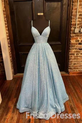 Blue A-Line V-Neck Simple Sequin Formal Evening Dresses Long Prom Dresses