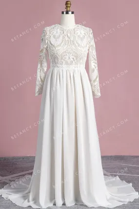 Boho Pattern Lace and Chiffon Long Sleeve Wedding Dress