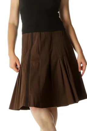 Brown Cinched-Waist Pleated A-Line Flared Skirt