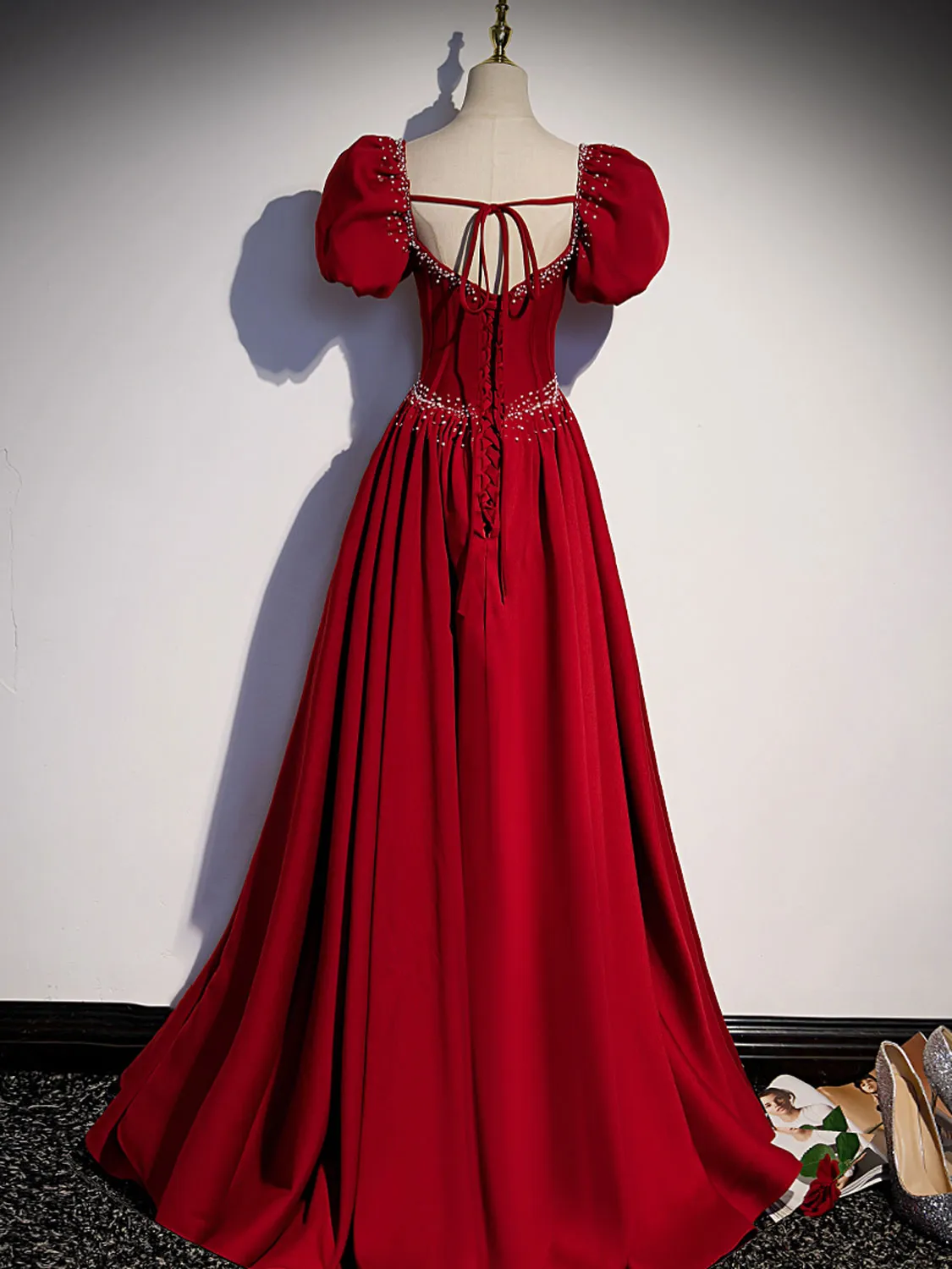 Burgundy Satin Beads Long Prom Dresses, Burgundy Long Formal Dresses