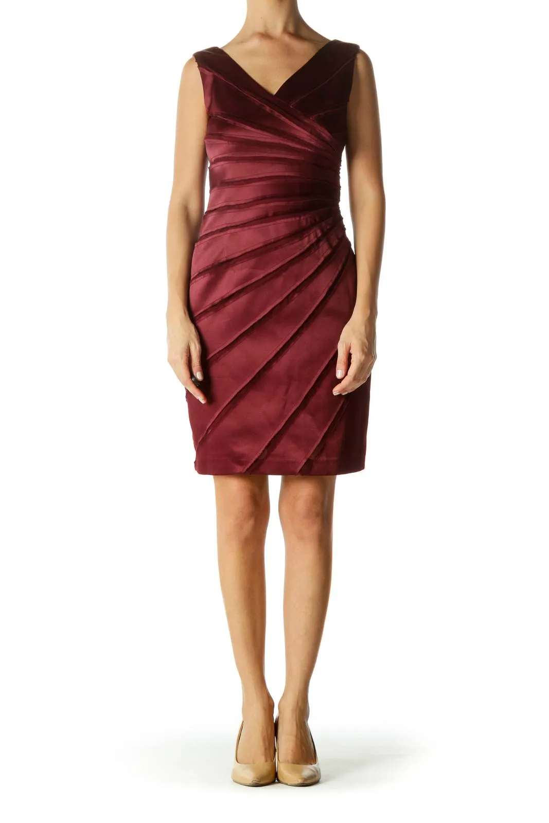 Burgundy Sheer & Seam Fitted Dress