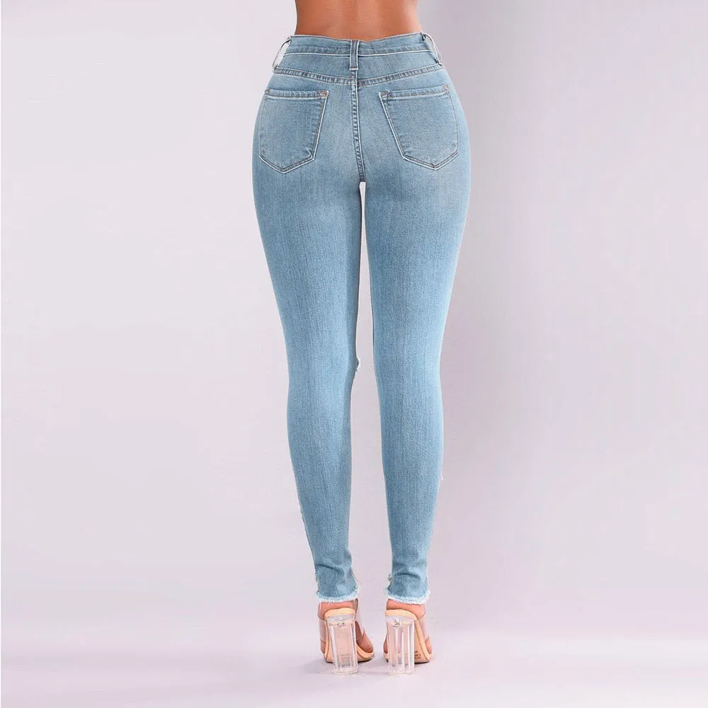 Casual Long Fit Skinny Jeans Pencil Ripped Hole Cropped