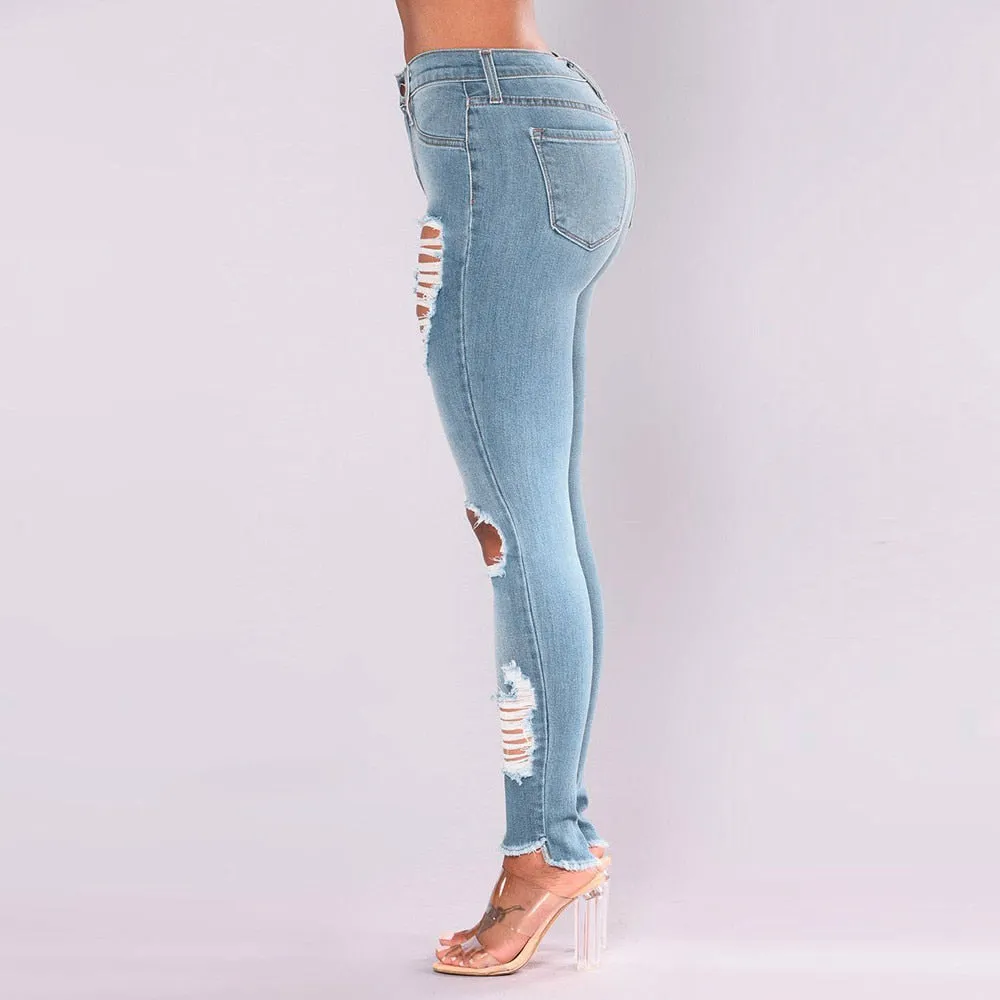 Casual Long Fit Skinny Jeans Pencil Ripped Hole Cropped