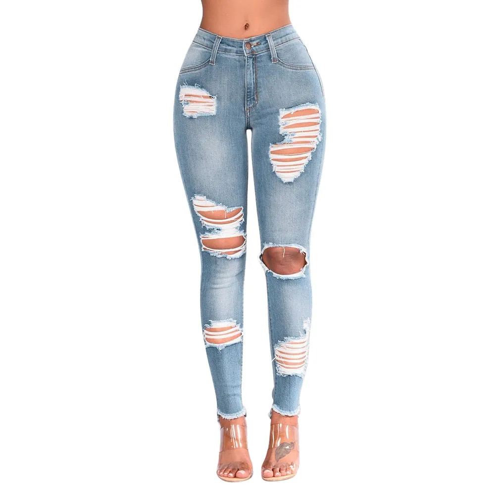 Casual Long Fit Skinny Jeans Pencil Ripped Hole Cropped