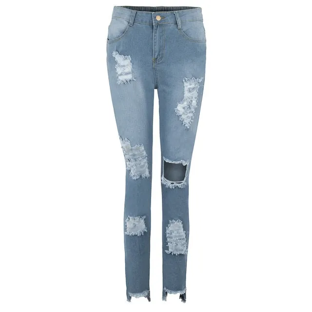 Casual Long Fit Skinny Jeans Pencil Ripped Hole Cropped