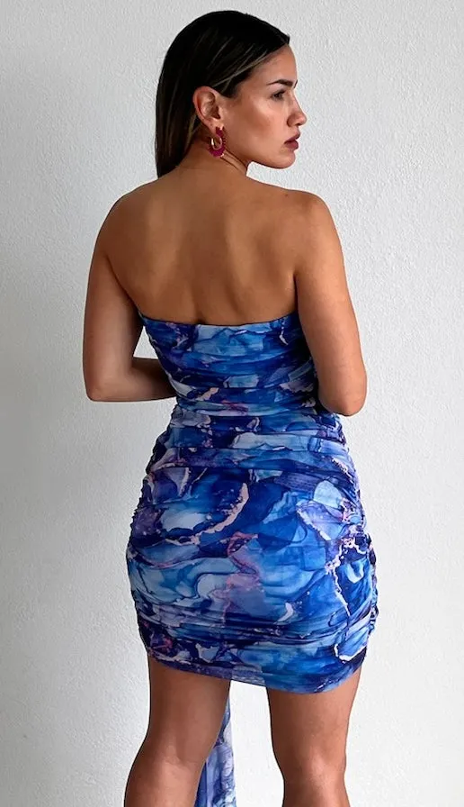 Chic & Marble Blue Print Strapless Dress