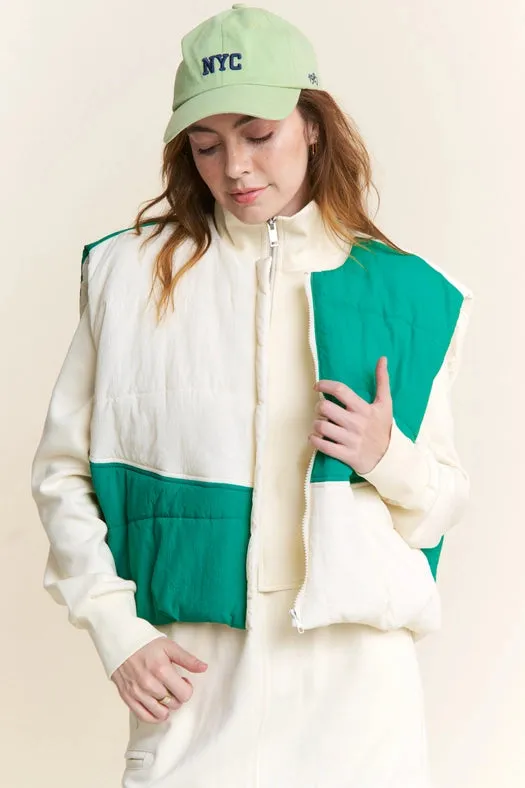 Color Block Zipper Puffer Vest