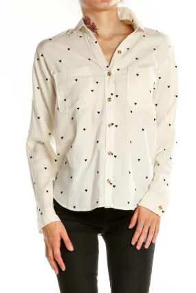 Cream Heart Print Button-Up Shirt