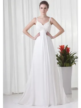 Engagement Formal Wedding Dresses Court  A-Line Spaghetti Strap V Neck Chiffon With Beading Appliques