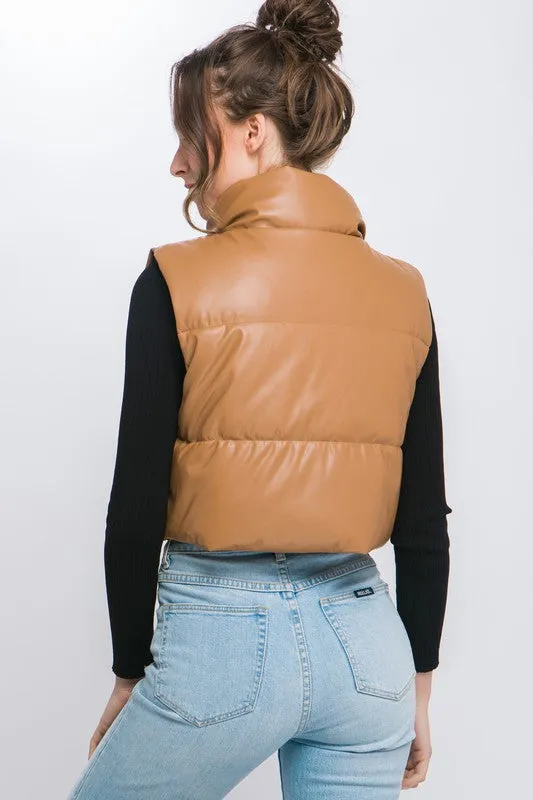 Faux Leather puffer vest With Snap Button