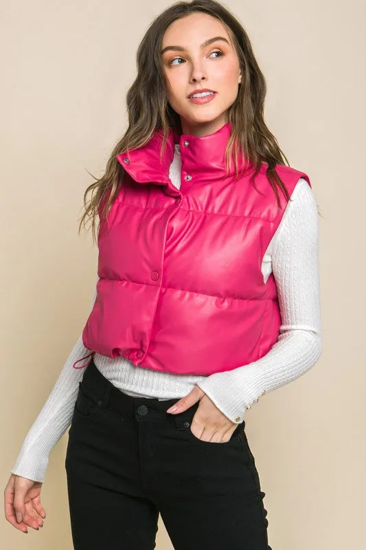 Faux Leather puffer vest With Snap Button