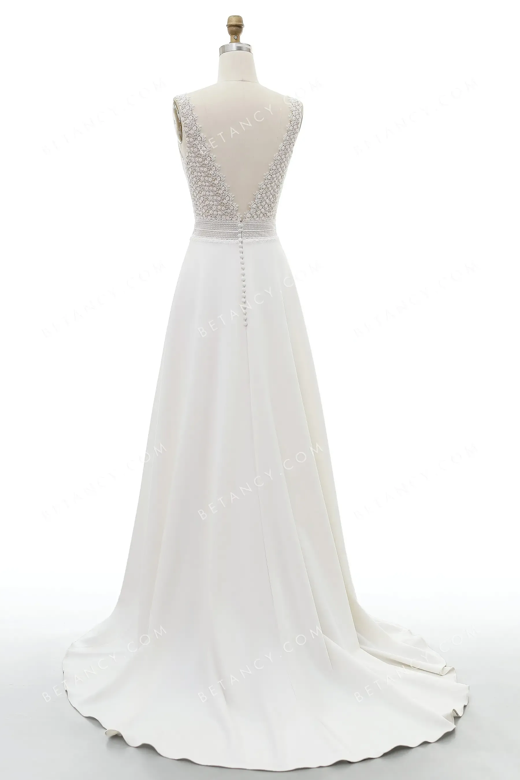 Feminine V-neckline Lace & Crepe Designer Wedding Dress