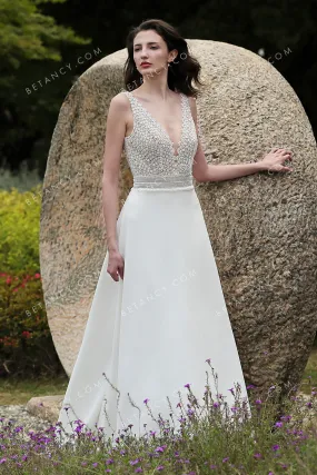 Feminine V-neckline Lace & Crepe Designer Wedding Dress