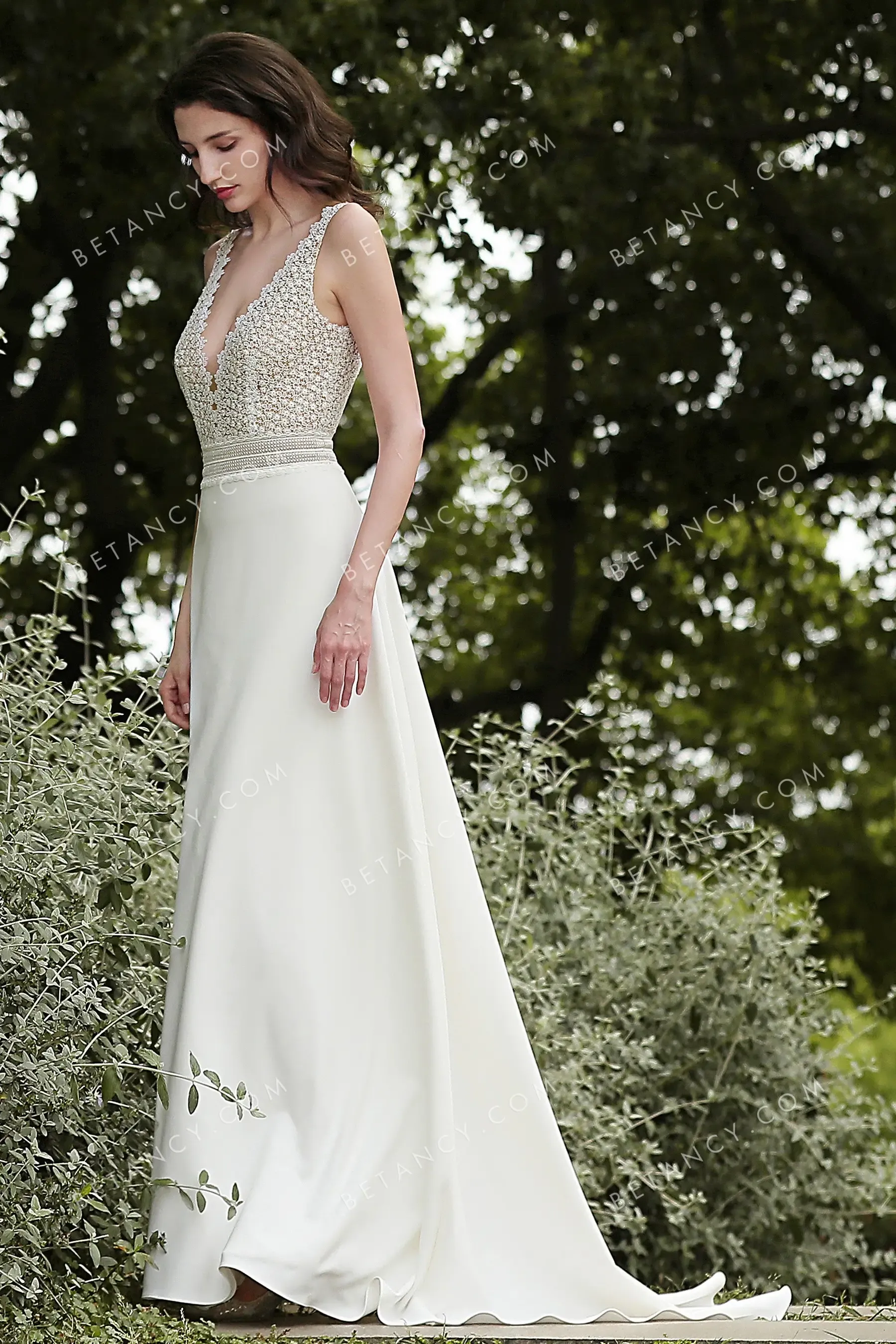 Feminine V-neckline Lace & Crepe Designer Wedding Dress