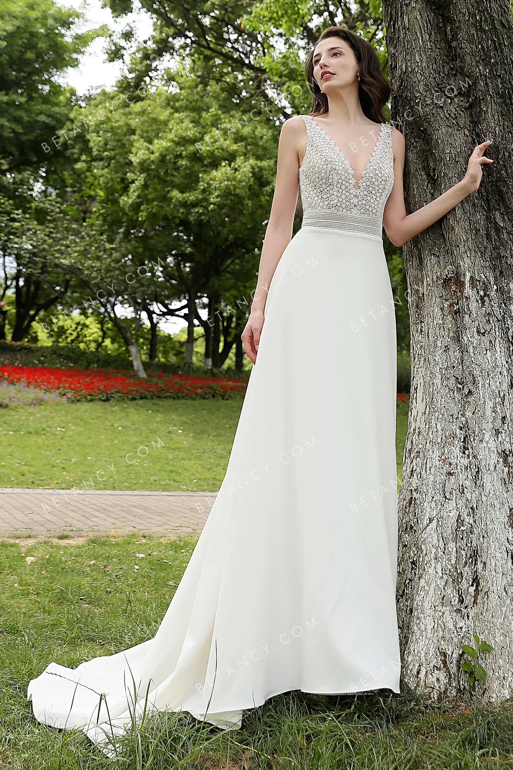 Feminine V-neckline Lace & Crepe Designer Wedding Dress