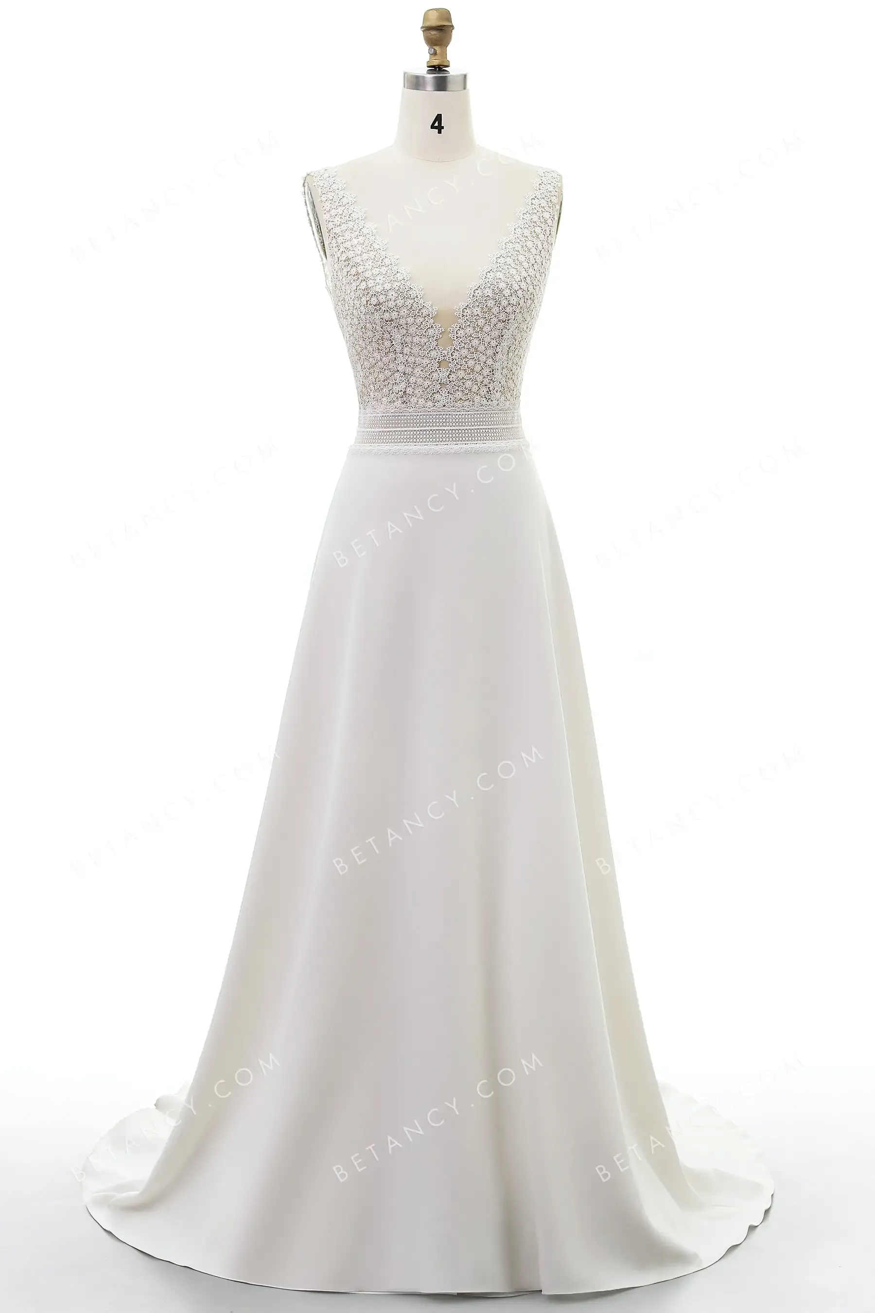 Feminine V-neckline Lace & Crepe Designer Wedding Dress