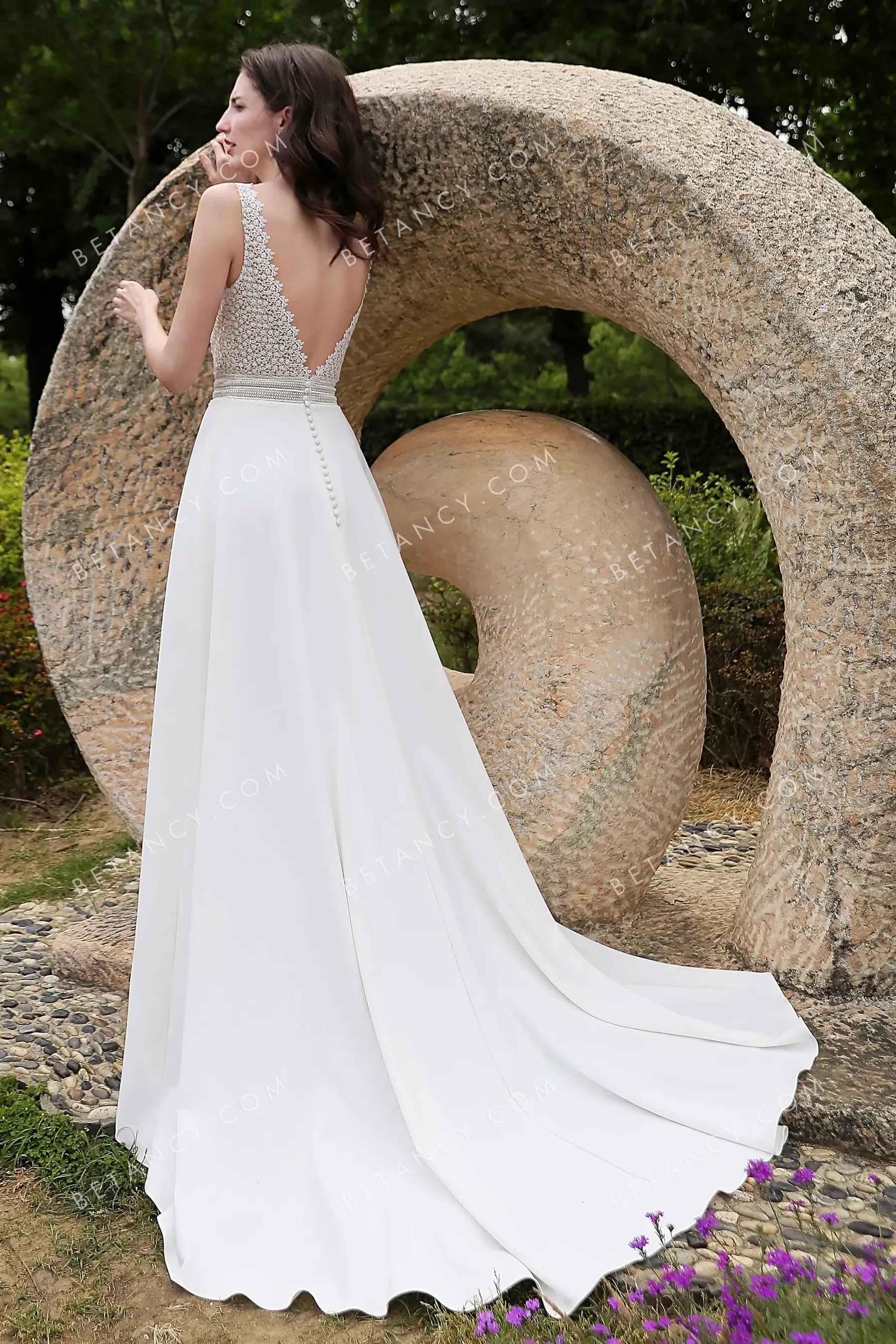 Feminine V-neckline Lace & Crepe Designer Wedding Dress