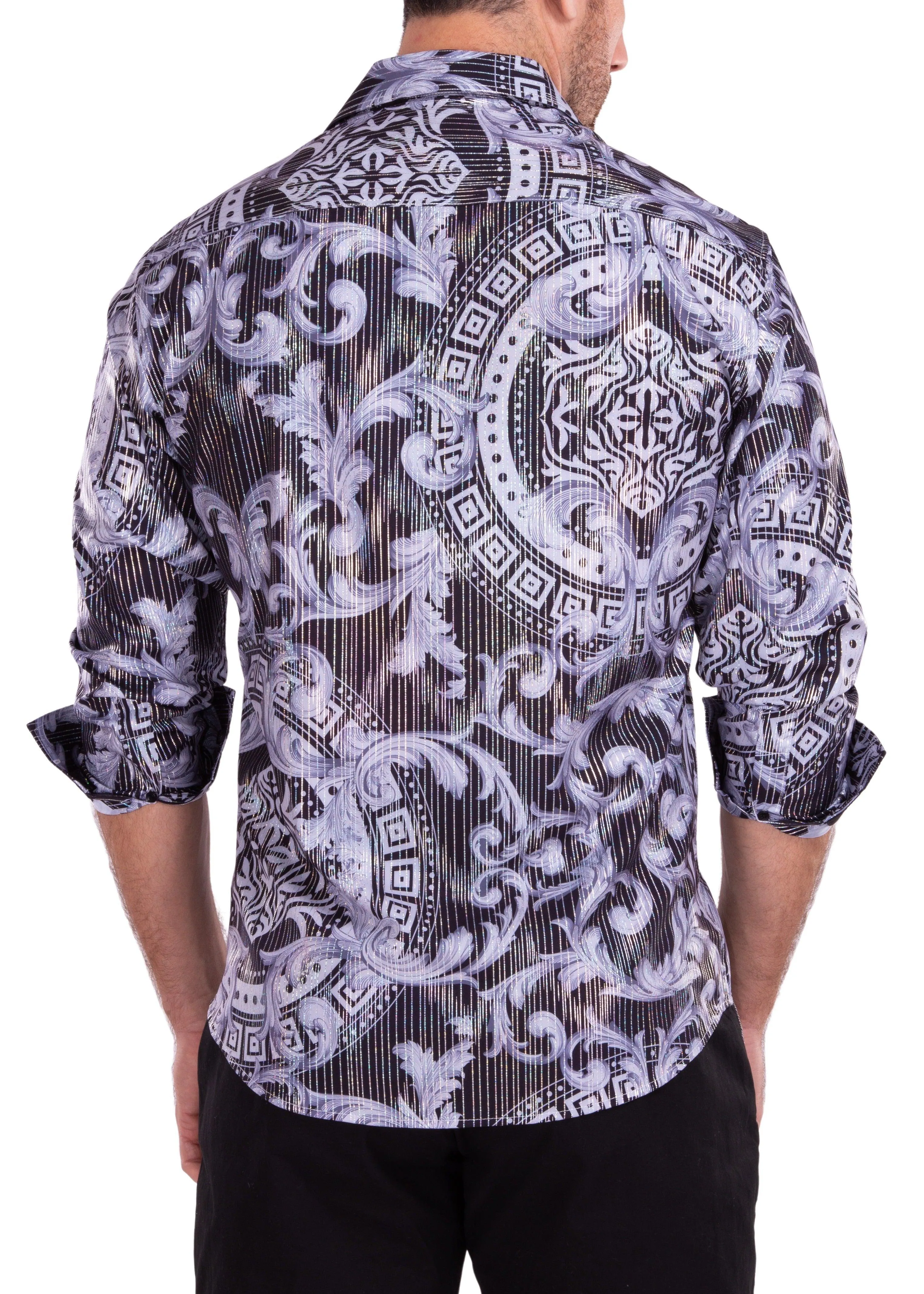 Greek Key Print Iridescent Metallic Black Long Sleeve Dress Shirt