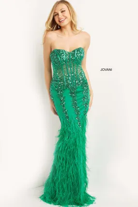 Jovani 08142 Size 6 Emerald Long Fitted Feather Prom Dress Pageant Gown Strapless Sheer Mermaid