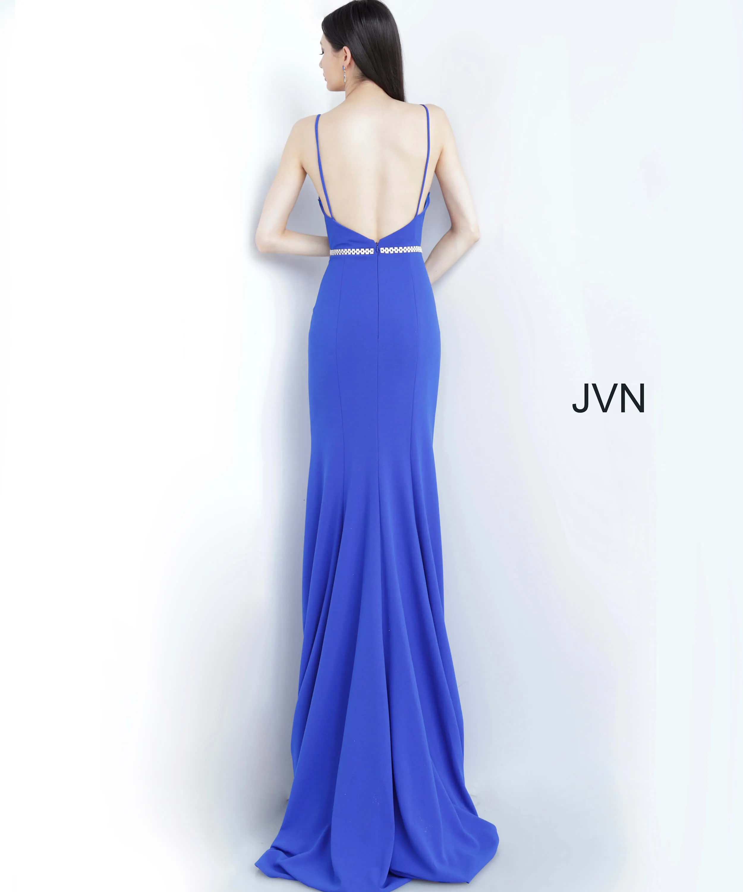 Jovani JVN02712 Size 6 Royal Long Low V Neck Fitted Prom Dress Embellished Belt Slit