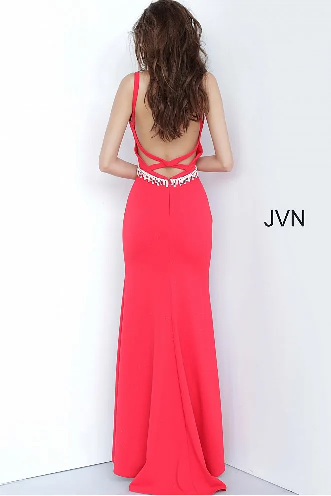 Jovani JVN02712 Size 6 Royal Long Low V Neck Fitted Prom Dress Embellished Belt Slit