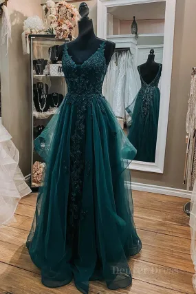 kamahe V Neck Open Back Dark Green Lace Beaded Long Prom Dresses, Dark Green Lace Formal Dresses, Dark Green Evening Dresses