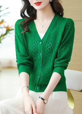 Loose Green V Neck Hollow Out Button Patchwork Knit Cardigans Fall