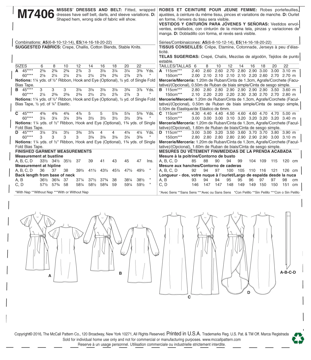 M7406 Misses' Dresses and Belt