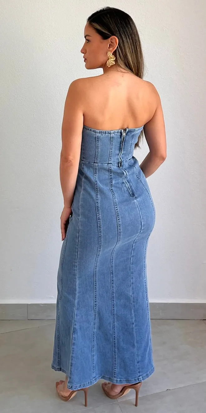 Major Impress Denim Strapless Midi Dress