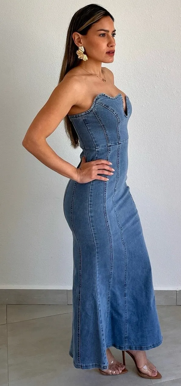 Major Impress Denim Strapless Midi Dress