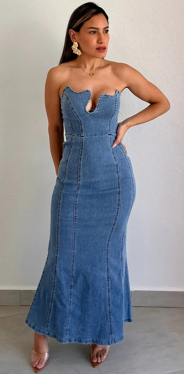 Major Impress Denim Strapless Midi Dress