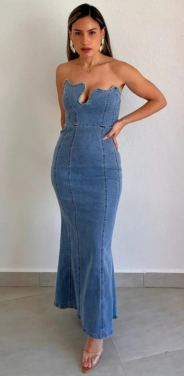 Major Impress Denim Strapless Midi Dress