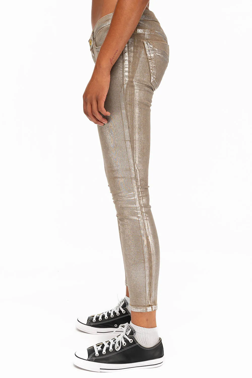 MARILYN  WOMENS SKINNY JEANS IN KHAKI SILVER FOIL WASH WITH TONAL WINGS