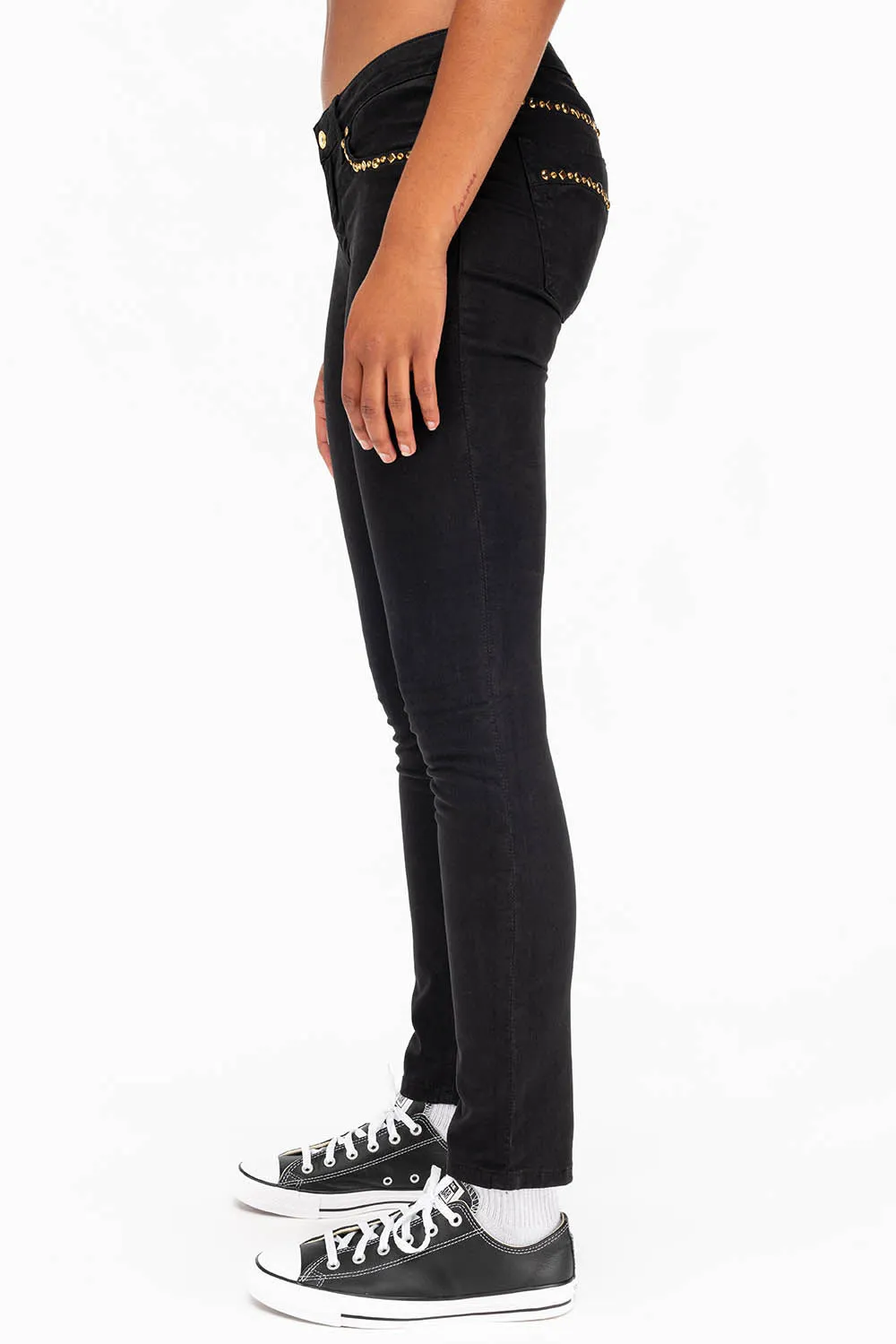 MARILYN WOMENS STUDDED SKINNY JEANS IN BLACK GOLD LOGO AND CRYSTALS