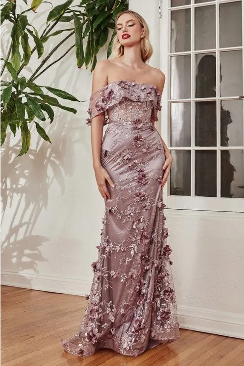 Mauve Floral Print Fitted Off The Shoulder Gown