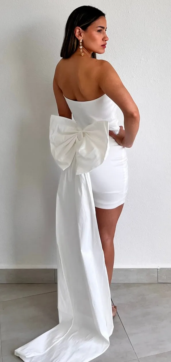 Ohh Bow White Strapless Bodycon Dress