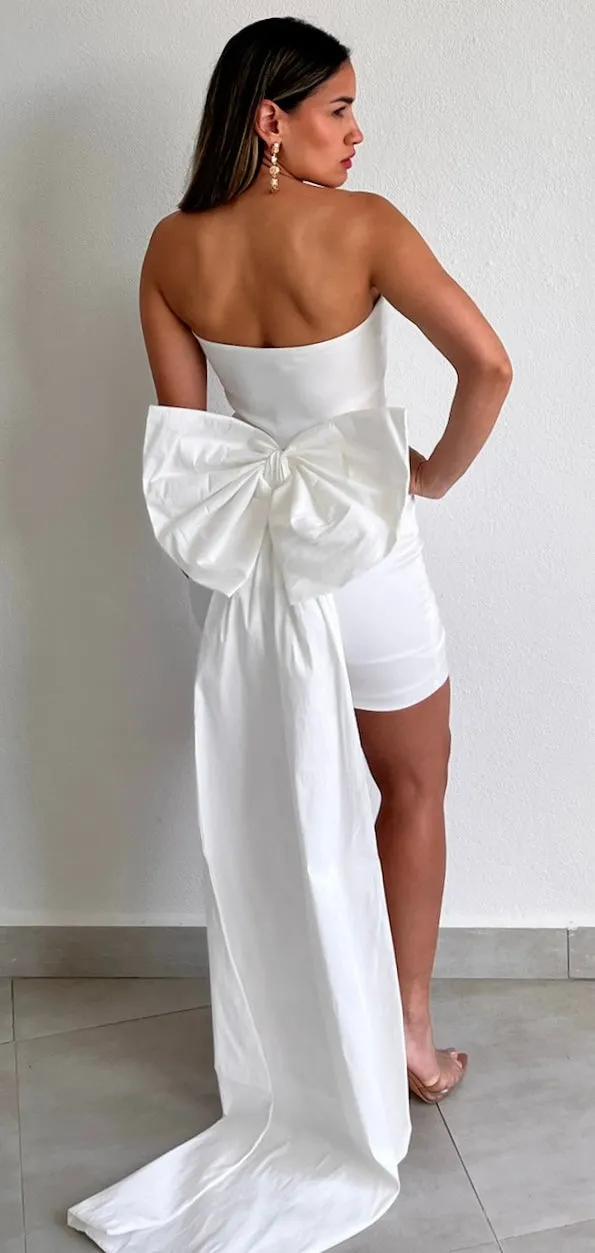 Ohh Bow White Strapless Bodycon Dress