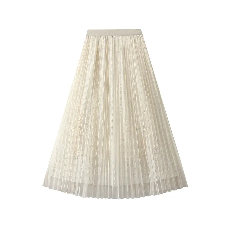 Pleated Bright Yarn Mesh Skirt for Women Spring High Waist Slimming Mid Length Large Swing Cover Yarn Skirt