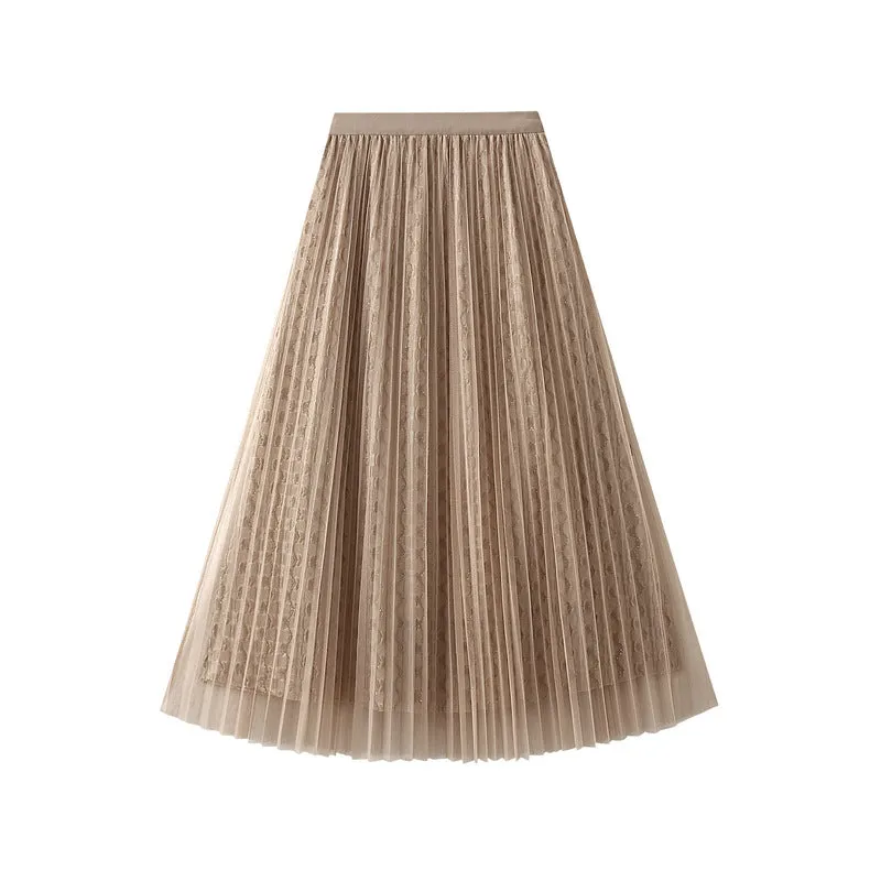 Pleated Bright Yarn Mesh Skirt for Women Spring High Waist Slimming Mid Length Large Swing Cover Yarn Skirt