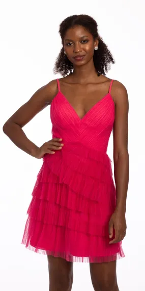 Plunging Pleated Mesh Tiered Dress