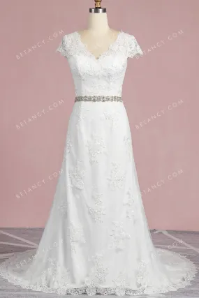 Scalloped V-neck Cap Sleeve Lace Wholesale Wedding Gown